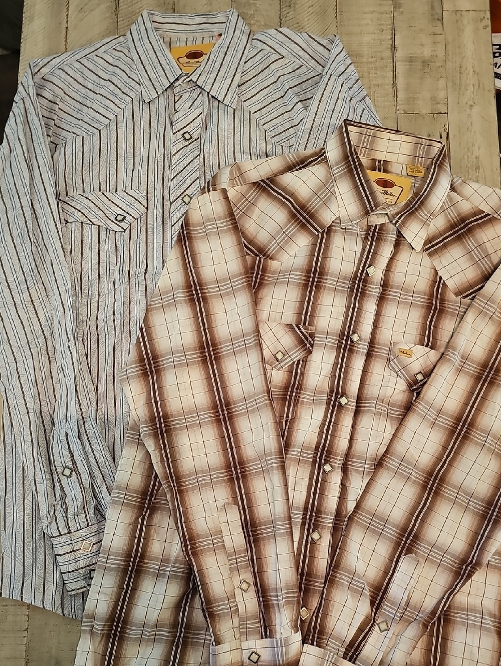 Set Of 2 Larry Mahan Plaid Western Pearl Snap Blue & Brown